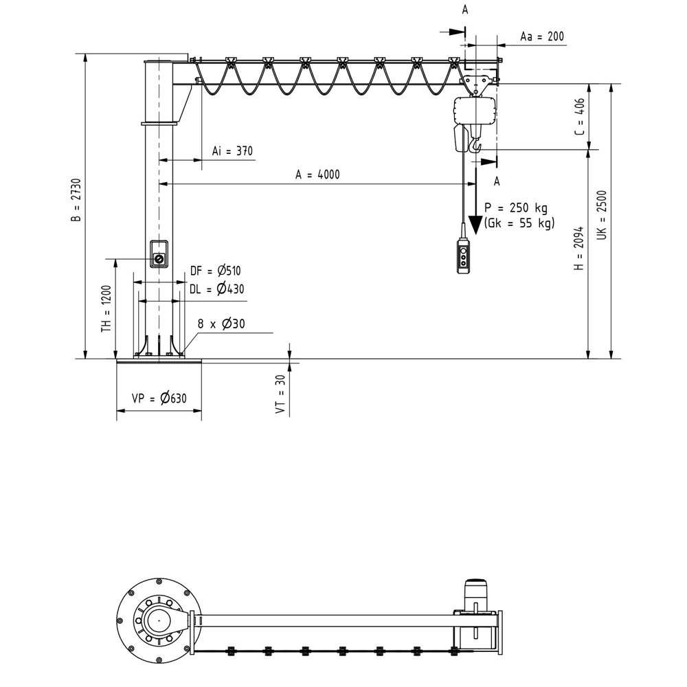 Numéro de l'image du produit 2: VETTER® Potence, palan électrique à chaîne LIFTKET compris, version sur fût, plage de pivotement de 360°, portée 4 000 mm, capacité de charge 250 kg