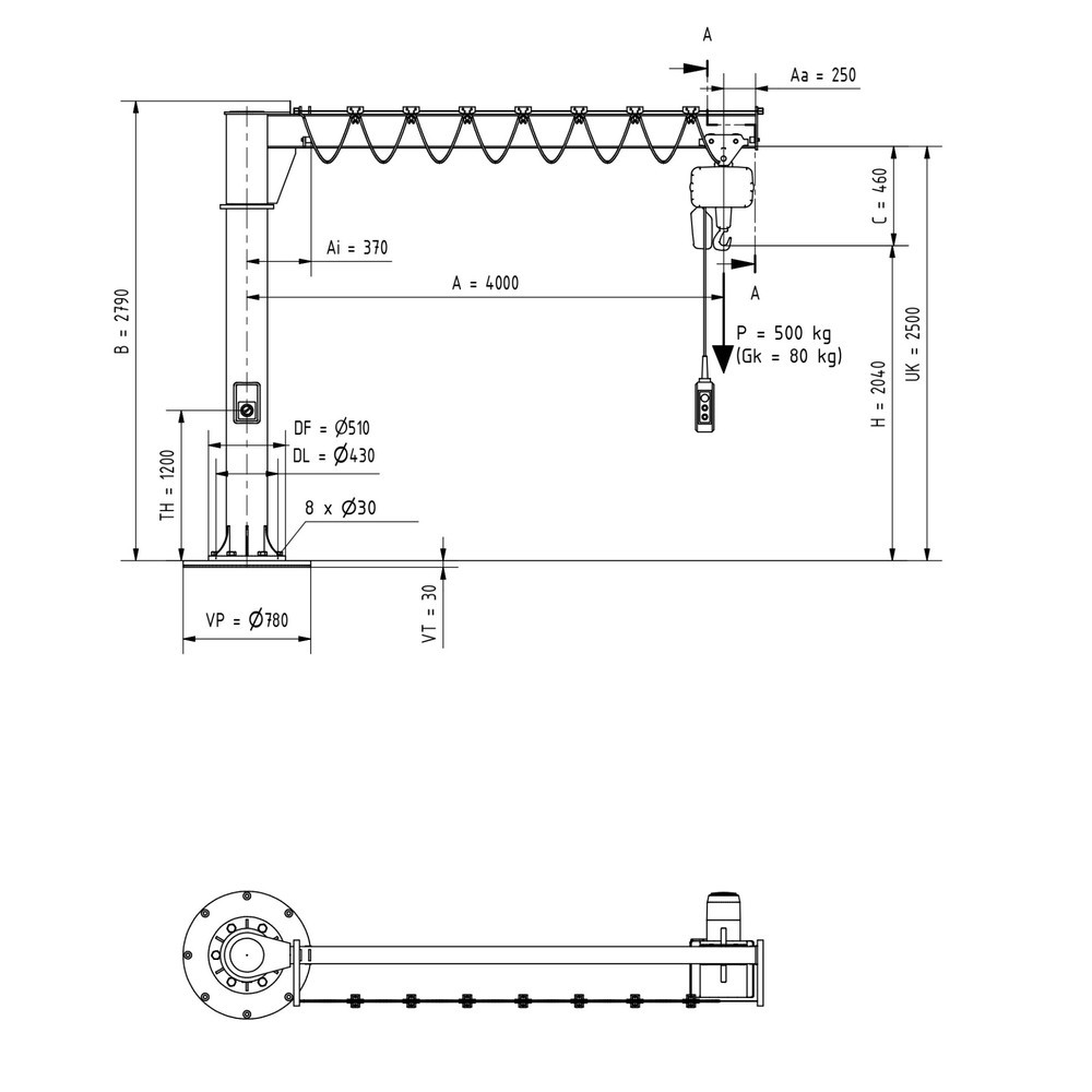 Numéro de l'image du produit 2: VETTER® Potence, palan électrique à chaîne LIFTKET compris, version sur fût, plage de pivotement de 360°, portée 4 000 mm, capacité de charge 500 kg