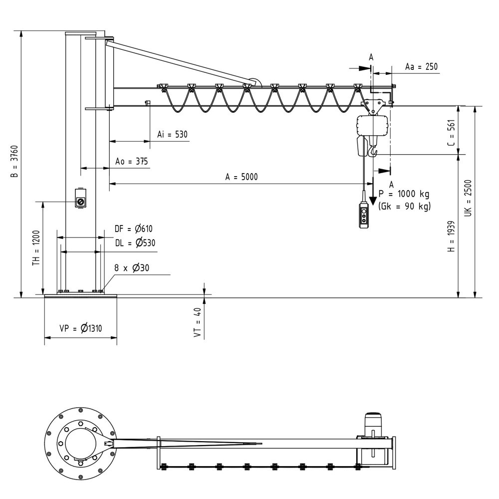 Numéro de l'image du produit 2: VETTER® Potence, palan électrique à chaîne LIFTKET compris, version sur fût avec haubanage, matériel de fixation compris, portée 5 000 mm, capacité de charge 1 000 kg