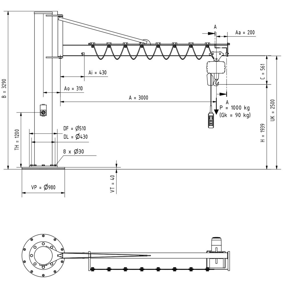 Numéro de l'image du produit 2: VETTER® Potence, palan électrique à chaîne LIFTKET compris, version sur fût avec haubanage, matériel de fixation compris, portée 3 000 mm, capacité de charge 1 000 kg