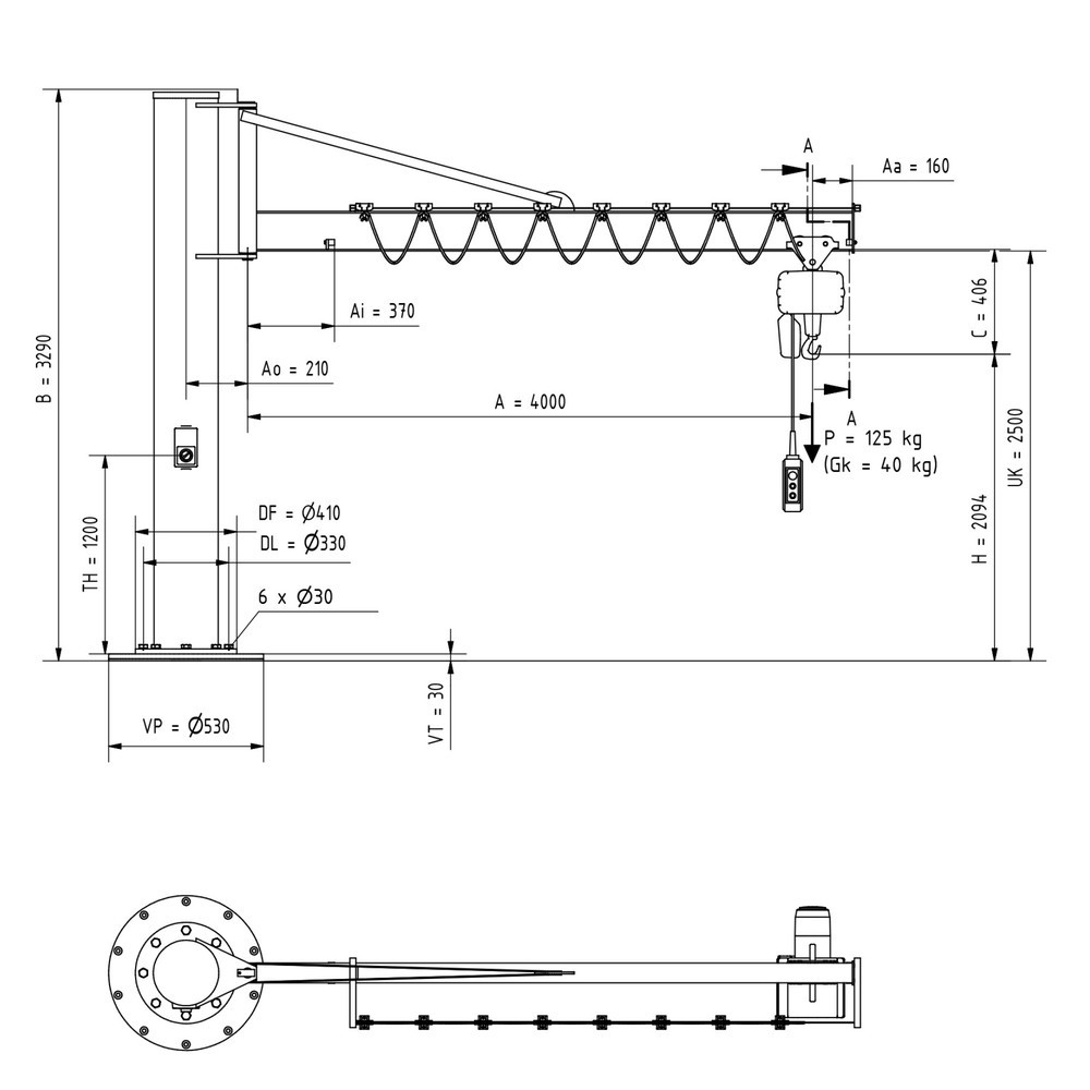N° de l'image du produit 1 : VETTER® Potence, palan électrique à chaîne LIFTKET compris, version sur fût avec haubanage, matériel de fixation compris, portée 4 000 mm, capacité de charge 125 kg