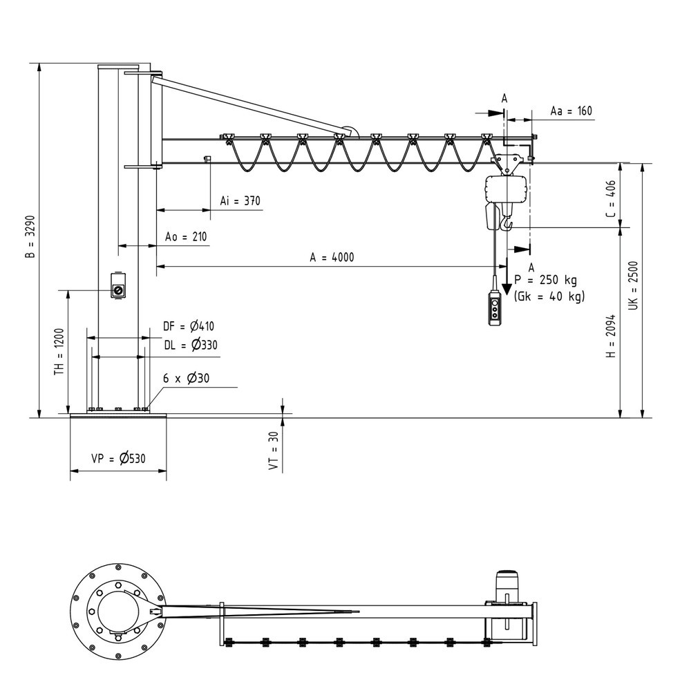 Numéro de l'image du produit 2: VETTER® Potence, palan électrique à chaîne LIFTKET compris, version sur fût avec haubanage, matériel de fixation compris, portée 4 000 mm, capacité de charge 250 kg