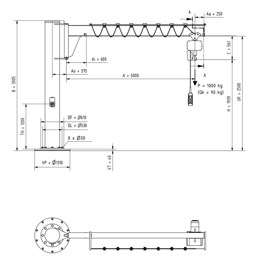 Numéro de l'image du produit 2: VETTER® Potence, palan électrique à chaîne LIFTKET compris, version sur fût, construction basse, matériel de fixation inclus, portée 5 000 mm, capacité de charge 1 000 kg