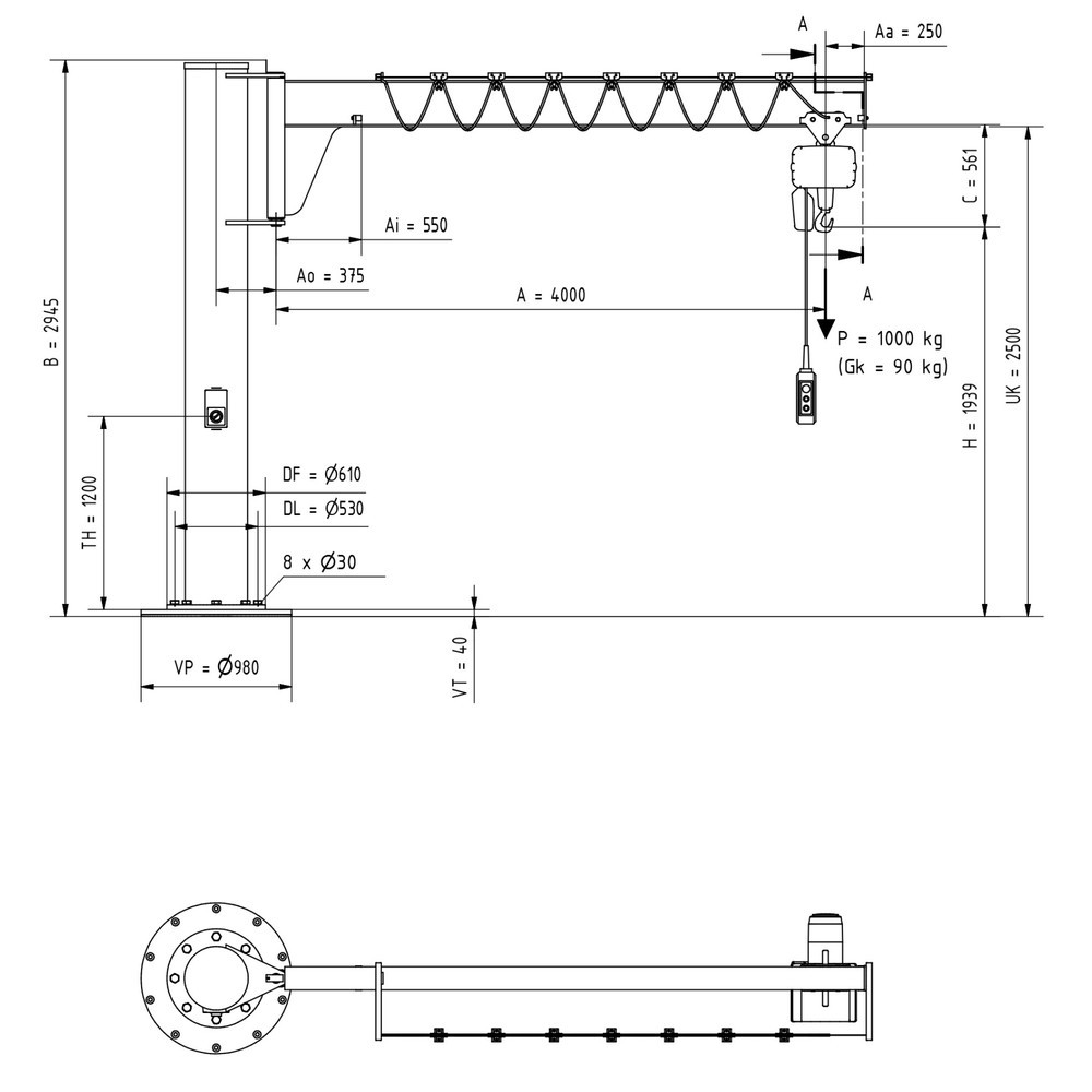 Numéro de l'image du produit 2: VETTER® Potence, palan électrique à chaîne LIFTKET compris, version sur fût, construction basse, matériel de fixation inclus, portée 4 000 mm, capacité de charge 1 000 kg
