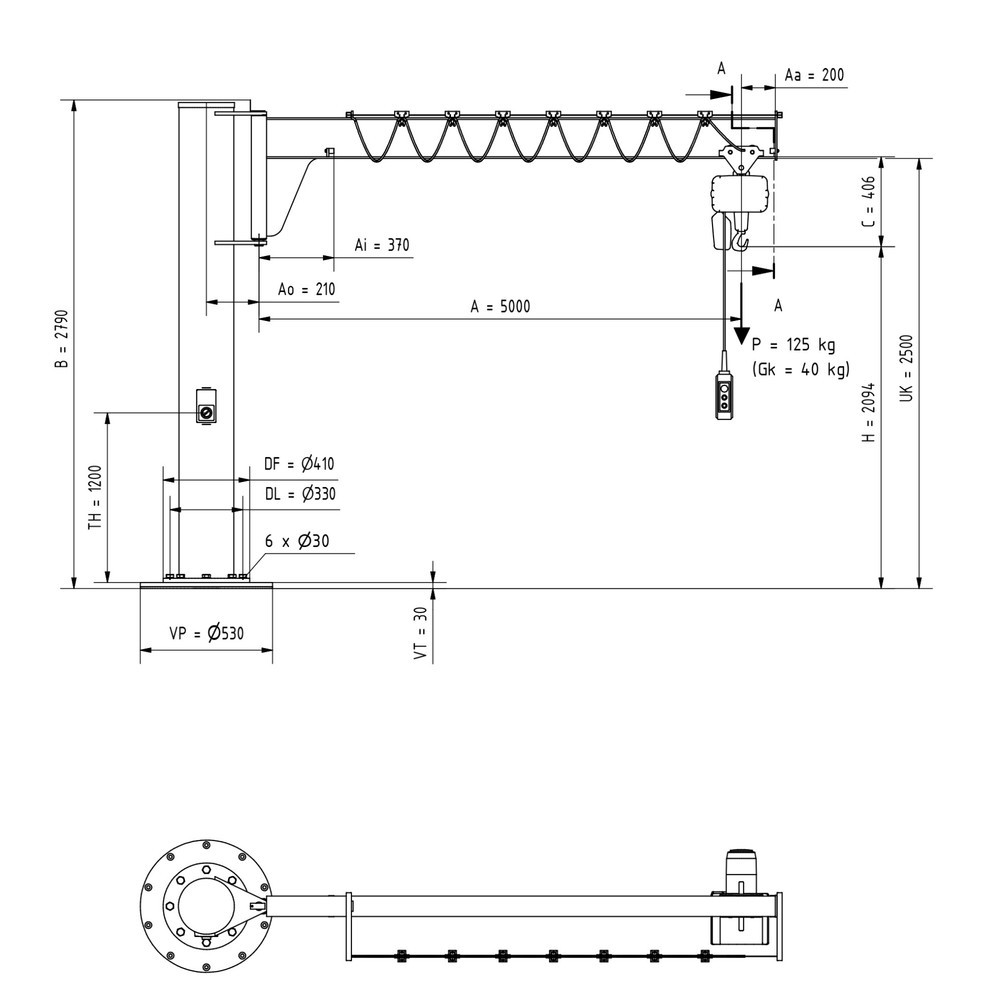 N° de l'image du produit 2 : VETTER® Potence, palan électrique à chaîne LIFTKET compris, version sur fût, construction basse, matériel de fixation inclus, portée 5 000 mm, capacité de charge 125 kg