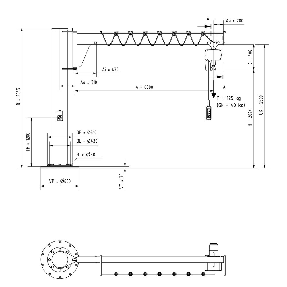 Numéro de l'image du produit 2: VETTER® Potence, palan électrique à chaîne LIFTKET compris, version sur fût, construction basse, matériel de fixation inclus, portée 6 000 mm, capacité de charge 125 kg