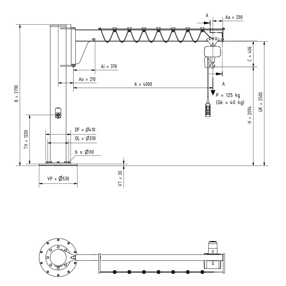 Numéro de l'image du produit 2: VETTER® Potence, palan électrique à chaîne LIFTKET compris, version sur fût, construction basse, matériel de fixation inclus, portée 4 000 mm, capacité de charge 125 kg