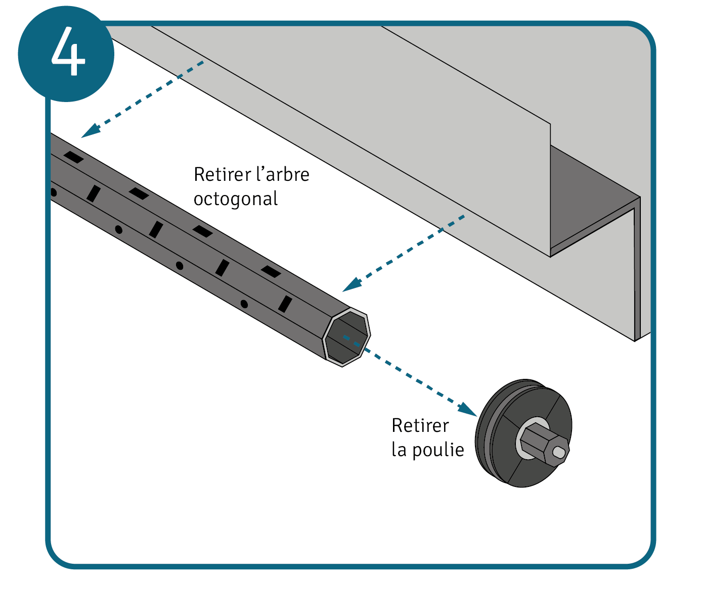 Installer un moteur de volet roulant, étape 4 : retirer l’axe du volet roulant.