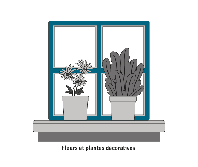 Représentation graphique d'une fenêtre vue de l'extérieur avec des pots de fleurs et de plantes sur le rebord.