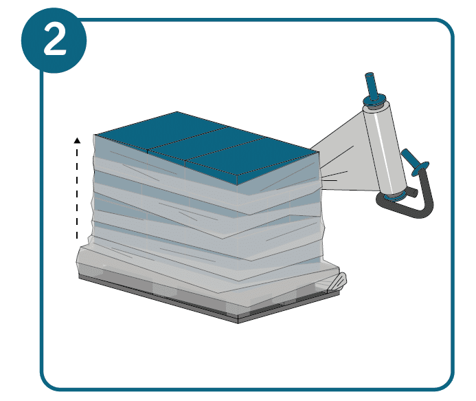 Illustration of a pallet with stacked boxes being wrapped from the middle.